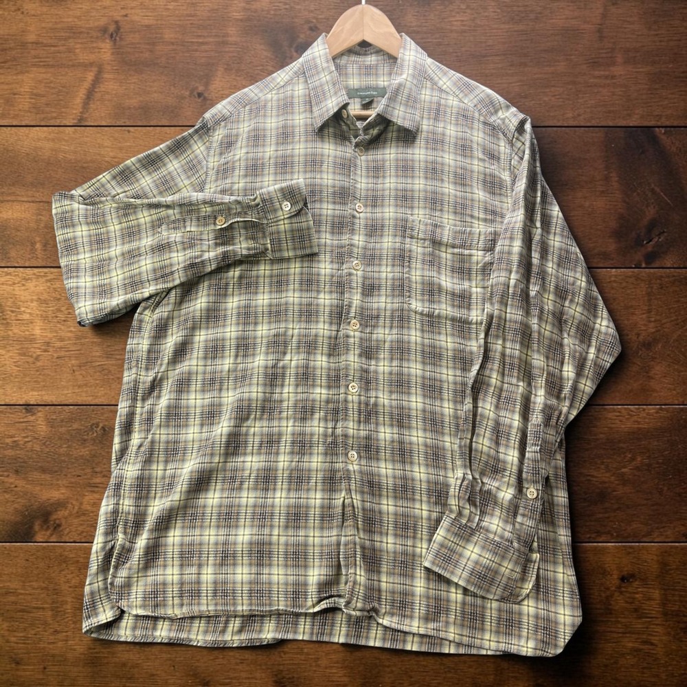 Ermenegildo Zegna Mens XL Plaid Linen Blend Shirt Yellow Tan Grey Long Sleeve